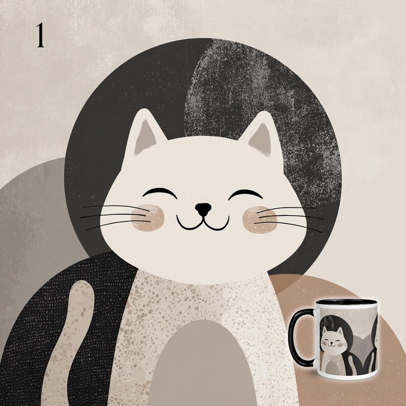 May include: A smiling cat illustration with a beige and gray color scheme. The cat has a white face, pink cheeks, and black whiskers. A matching mug with the same cat design is also visible.