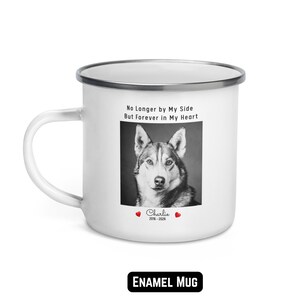 May include: White enamel mug with a black and white image of a dog, the text "No Longer by My Side But Forever in My Heart", the name "Charlie" and the years "2016-2026". The mug has a silver rim and a white handle. The words "ENAMEL MUG" are at the bottom.