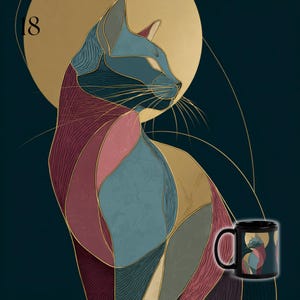 May include: A black ceramic mug featuring a stylized cat illustration with geometric segments in shades of teal, burgundy, and gold. The cat is positioned against a large gold circle on a dark background. The number 18 is visible in the top left corner.