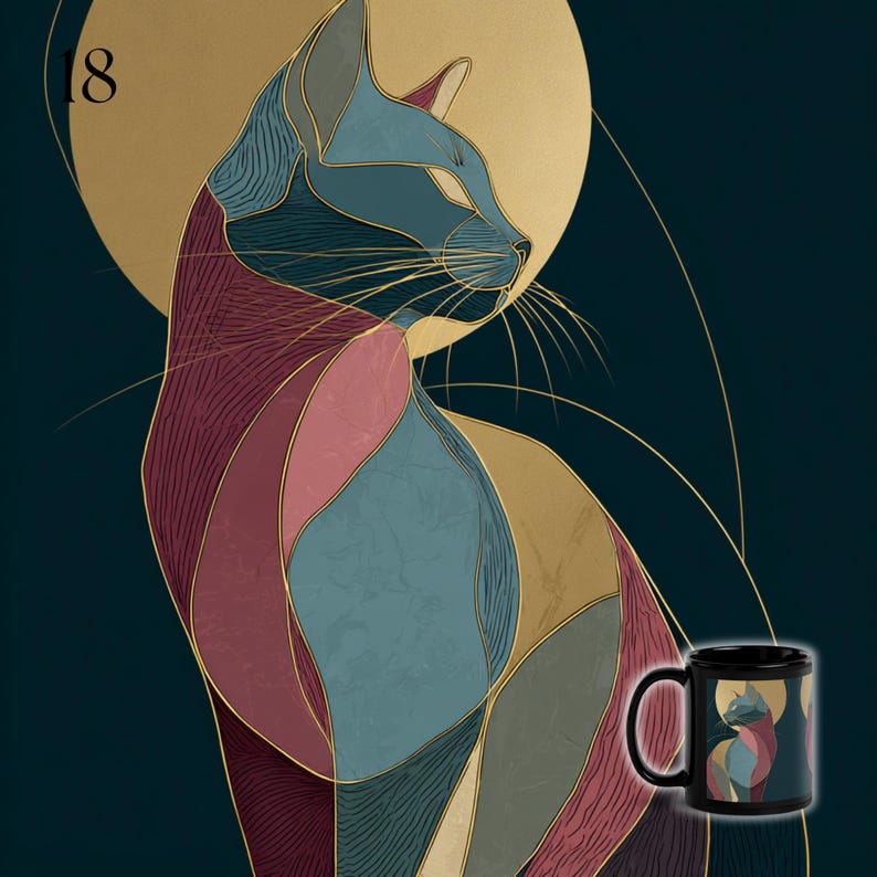 May include: A black ceramic mug featuring a stylized cat illustration with geometric segments in shades of teal, burgundy, and gold. The cat is positioned against a large gold circle on a dark background. The number 18 is visible in the top left corner.