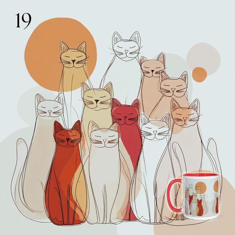 May include: An illustration of eleven stylized cats in various colors, including white, red, and beige, with closed eyes. A mug with a red handle and rim features a similar cat design. The number "19" is in the upper left corner.
