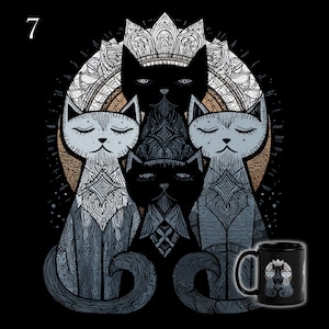 May include: Black mug featuring a stylized illustration of four cats with crowns, set against a detailed circular design. The cats are in shades of gray and black, with intricate patterns. The number "7" is in the upper left corner.