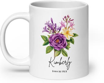 Custom Name Purple June Birth Flower Coffee Mug - Floral Mom Grandma Teacher 20oz Stanley Tumbler Travel Pottery Ceramic Cup Latte Mug