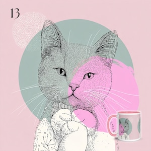 May include: A white ceramic mug featuring a black line art illustration of a cat with a pink nose and paw, set against a sage green circle and a light pink background. The number 13 is printed in the top left corner of the design.