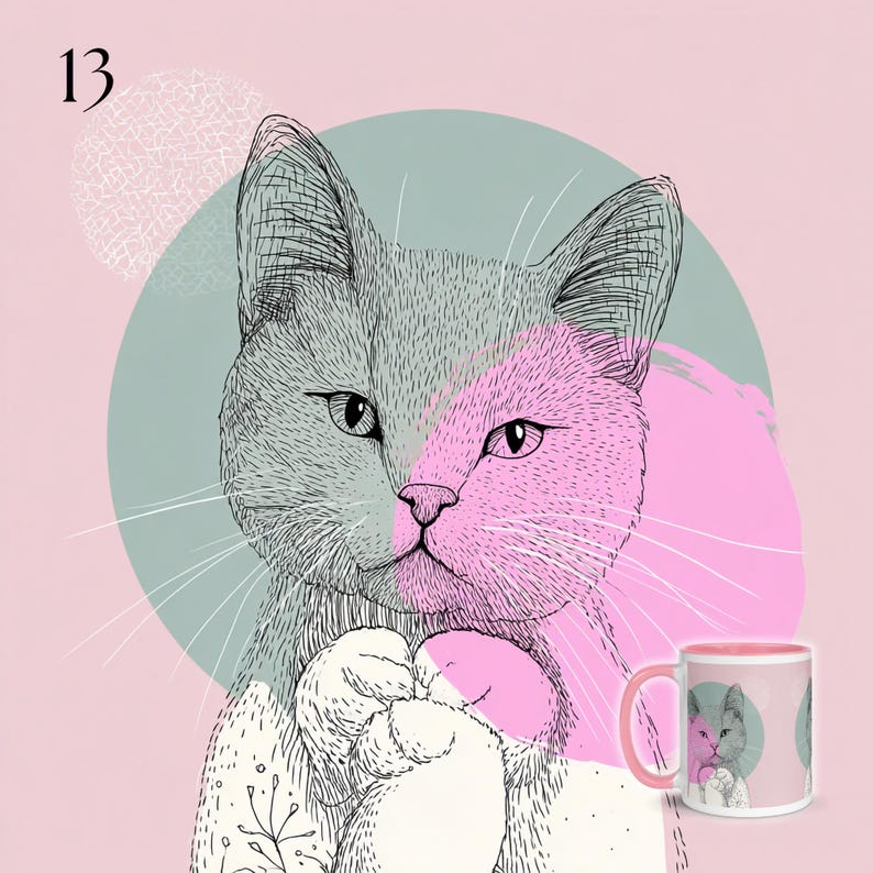 May include: A white ceramic mug featuring a black line art illustration of a cat with a pink nose and paw, set against a sage green circle and a light pink background. The number 13 is printed in the top left corner of the design.