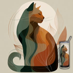 May include: An artistic illustration of a cat in shades of green, orange, and brown, with a minimalist design. The cat is depicted in profile, with closed eyes, and is accompanied by stylized leaf shapes. A matching tumbler with a straw is also shown.
