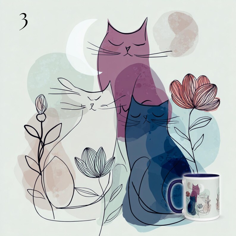 May include: An artistic illustration featuring three stylized cats in shades of purple and blue, with closed eyes, set against a backdrop of soft watercolor shapes and floral line art. A matching mug is also visible.