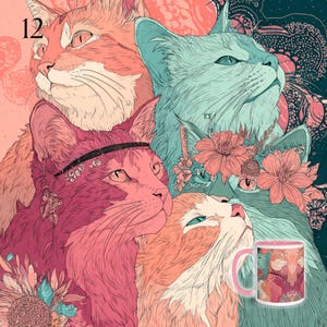 May include: A ceramic mug featuring a vibrant, multi-colored illustration of four cats with intricate line work. The cats are depicted in shades of pink, peach, and teal, adorned with floral elements and a headband. The number 12 is visible.