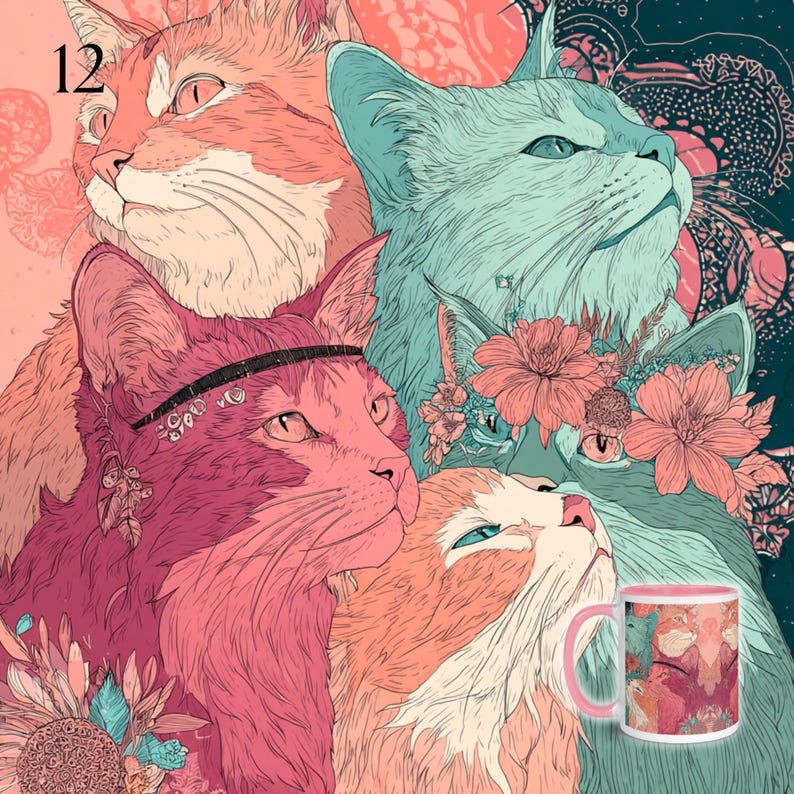 May include: A ceramic mug featuring a vibrant, multi-colored illustration of four cats with intricate line work. The cats are depicted in shades of pink, peach, and teal, adorned with floral elements and a headband. The number 12 is visible.