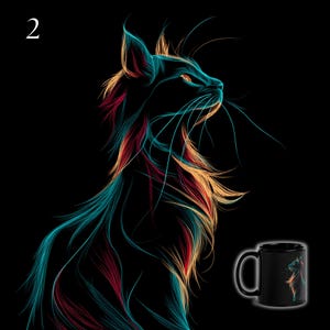 May include: A black ceramic mug featuring a stylized, neon-colored line art illustration of a cat in profile. The cat design uses vibrant strokes of teal, orange, and red against a solid black background. The number 2 appears in the top left corner.