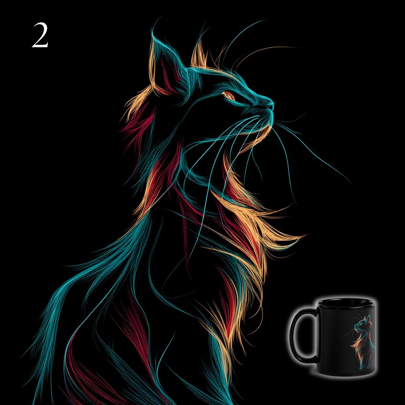 May include: A black ceramic mug featuring a stylized, neon-colored line art illustration of a cat in profile. The cat design uses vibrant strokes of teal, orange, and red against a solid black background. The number 2 appears in the top left corner.