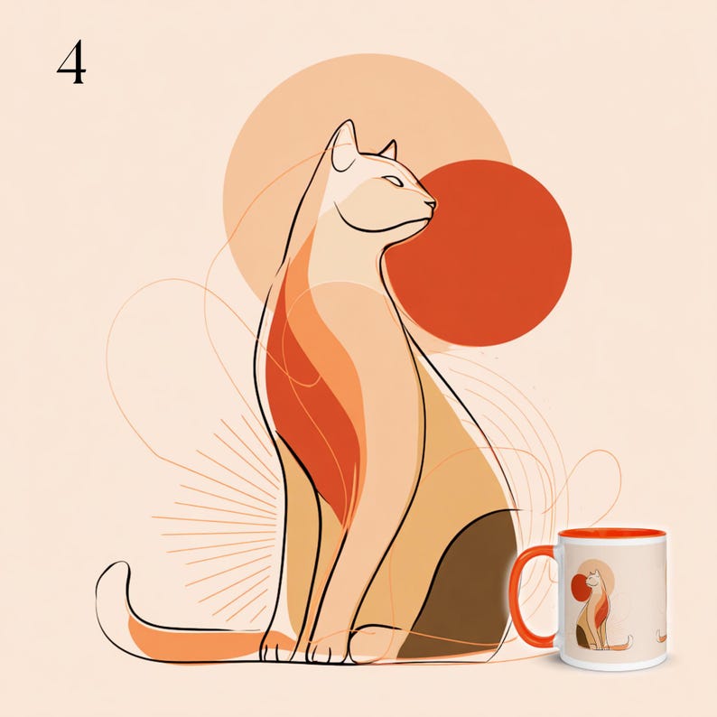 May include: A cat illustration in shades of orange, tan, and brown, with a red sun and a stylized sunburst. The number 4 is in the upper left corner. A matching mug with an orange handle and interior is on the right.