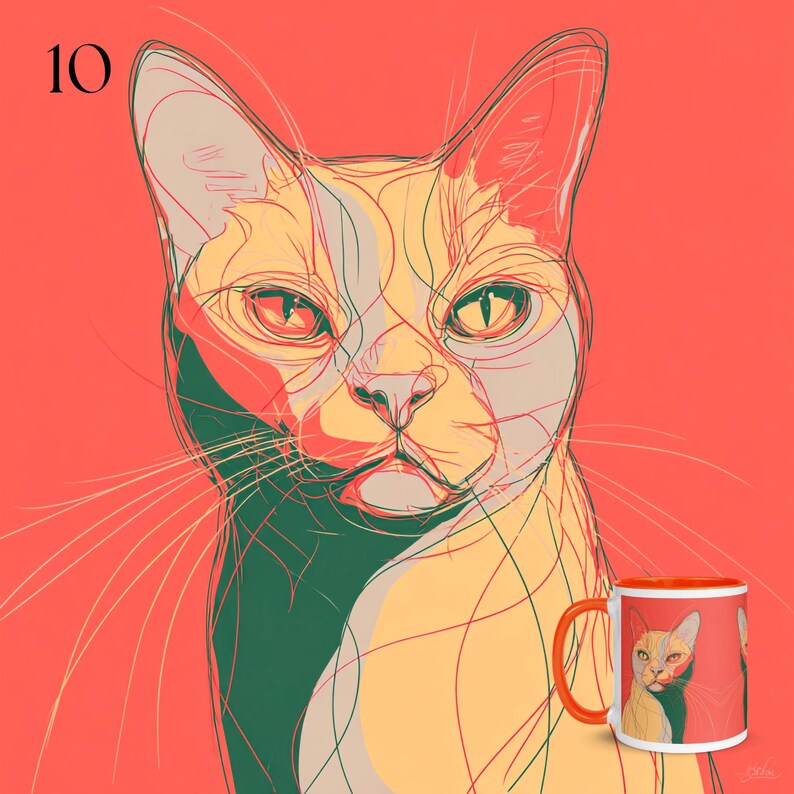 May include: A mug with an orange handle and rim, featuring a stylized cat portrait. The cat's face is rendered in shades of yellow, green, and red against a coral background. The number "10" is in the upper left corner.