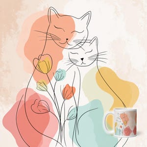 May include: An artistic illustration featuring two cats with closed eyes, outlined in black, set against a backdrop of pastel hues. Flowers in yellow, orange, and blue are included. A white ceramic mug with the same design is also shown.