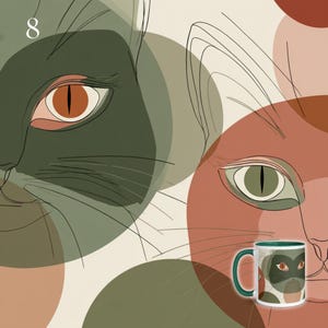 May include: A ceramic mug featuring a graphic illustration of two cat faces in overlapping circles of olive green, terracotta, and cream. The number 8 is printed in the upper left corner. The mug has a dark green handle and interior rim.