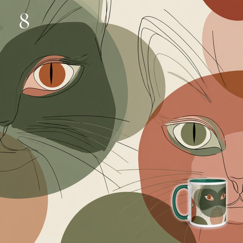 May include: A ceramic mug featuring a graphic illustration of two cat faces in overlapping circles of olive green, terracotta, and cream. The number 8 is printed in the upper left corner. The mug has a dark green handle and interior rim.
