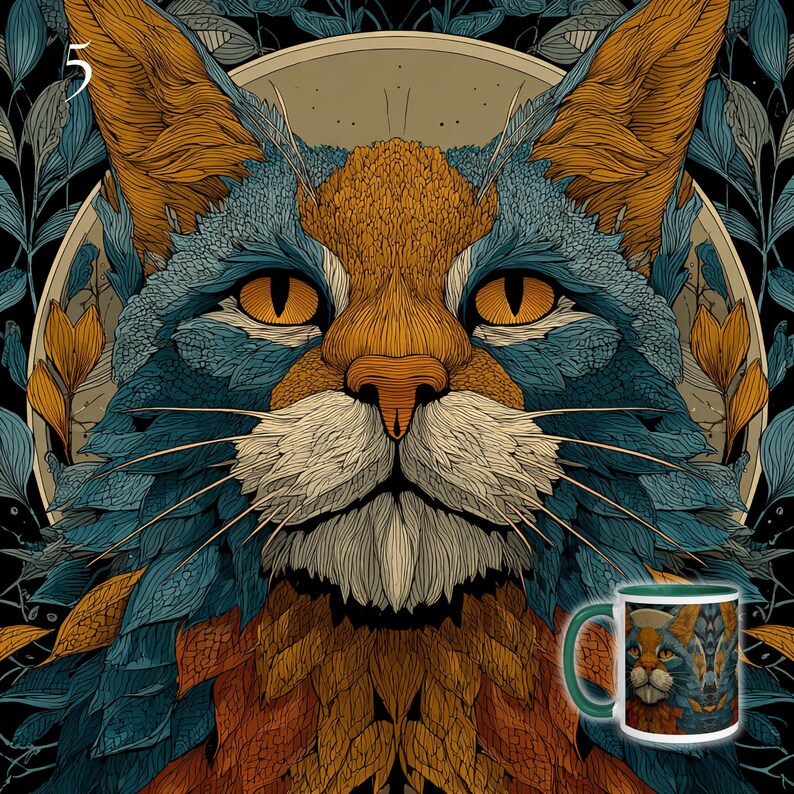 May include: A ceramic mug featuring a detailed illustration of a cat with orange and blue fur, amber eyes, and long whiskers. The design includes a circular background with stylized leaf patterns in shades of teal and gold, and the number 5.