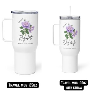 May include: Two white travel mugs with handles, one with a straw. Each mug features a purple rose and the name "Elizabeth" in script. The text "Jene Queen" and "Romantic, Patient, Extrovert" are also present. One mug is labeled 739ml, the other 1183ml.