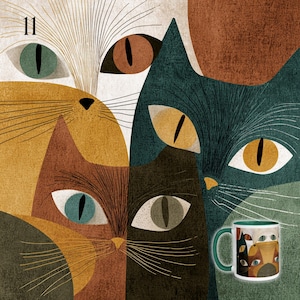 May include: An artistic illustration of several cat faces with various eye colors, including green, brown, and yellow. The cats are depicted in shades of brown, gold, and teal. A mug with a matching cat design is visible on the right side of the image. The number "11" is in the upper left corner.