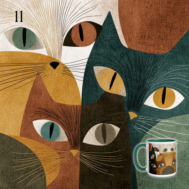May include: An artistic illustration of several cat faces with various eye colors, including green, brown, and yellow. The cats are depicted in shades of brown, gold, and teal. A mug with a matching cat design is visible on the right side of the image. The number "11" is in the upper left corner.