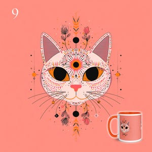 May include: A ceramic mug with an orange handle and rim, featuring a graphic illustration of a cat face with large orange eyes, a pink nose, and intricate black and orange floral and geometric patterns extending above and below the head.