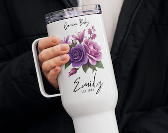Personalized Name Purple June Birth Month Flower Coffee Cup - Gemini Mom Dad Grandma 25oz Stanley Tumbler Pottery Ceramic Cup Latte Mug