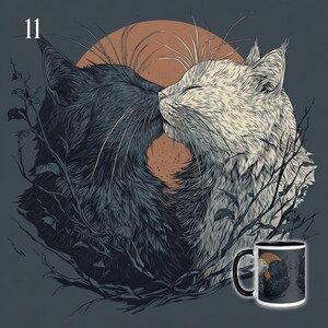 May include: A ceramic mug featuring a graphic illustration of a black cat and a white cat touching noses. The cats are surrounded by dark, spindly branches against a circular orange background. The number 11 is printed in the top left corner.
