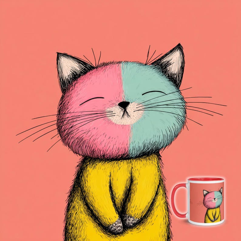 May include: A ceramic mug featuring a whimsical illustration of a cat with a split-colored pink and light blue face and a yellow body. The cat has closed eyes and long whiskers. The mug has a bright red handle and a matching red interior rim.
