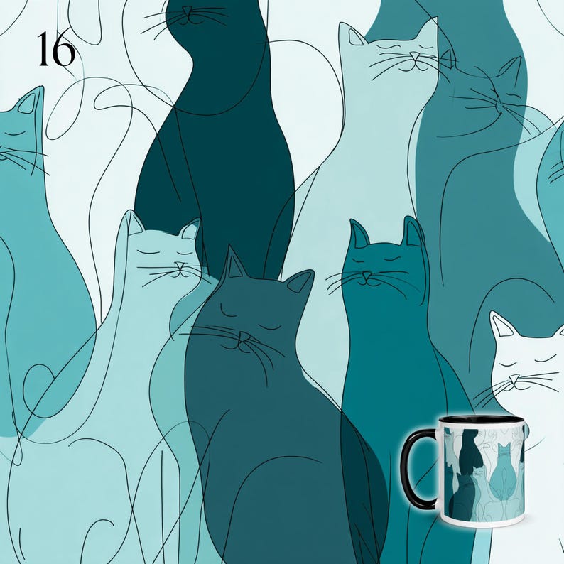 May include: A ceramic mug with a black interior and handle, featuring a repeating pattern of stylized cats in shades of teal and blue. The background is a repeating pattern of cats in teal and blue. The number 16 is in the upper left corner.