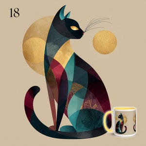 May include: An artistic illustration of a seated black cat with gold eyes, set against a gold moon and a beige background. The cat's body is composed of geometric shapes in teal, burgundy, and gold. A matching mug is also shown.
