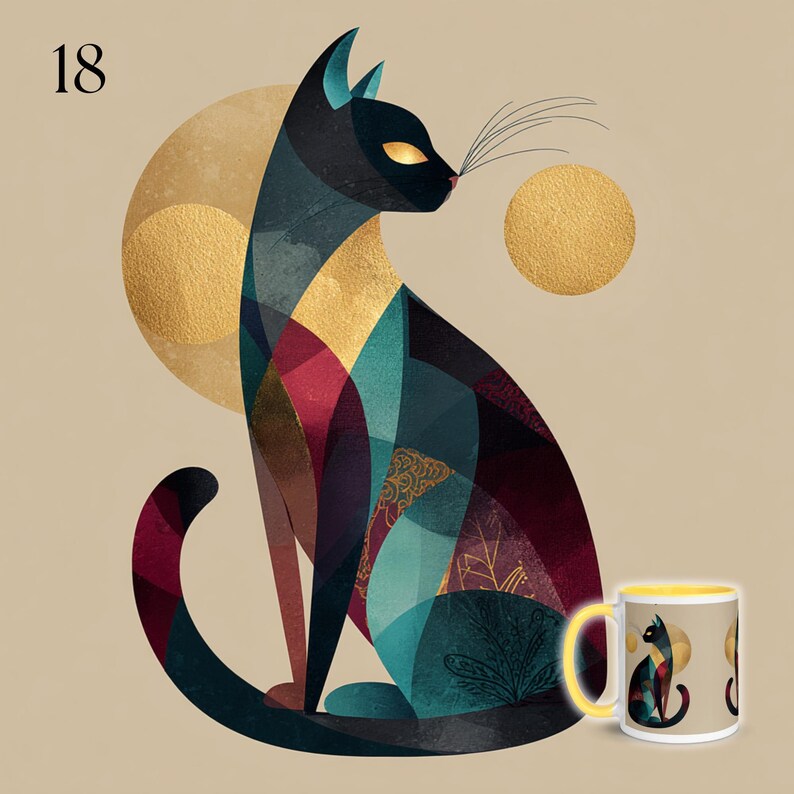 May include: An artistic illustration of a seated black cat with gold eyes, set against a gold moon and a beige background. The cat's body is composed of geometric shapes in teal, burgundy, and gold. A matching mug is also shown.