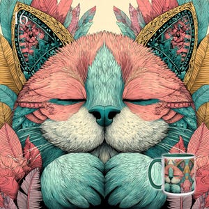 May include: A ceramic mug featuring a stylized illustration of a cat with closed eyes, surrounded by pink, teal, and gold feathers. The cat has pink fur on its head and teal fur on its paws and nose. The number 16 is visible in the top left corner.