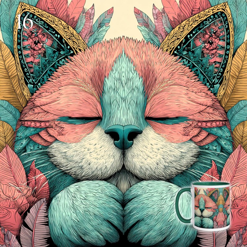 May include: A ceramic mug featuring a stylized illustration of a cat with closed eyes, surrounded by pink, teal, and gold feathers. The cat has pink fur on its head and teal fur on its paws and nose. The number 16 is visible in the top left corner.