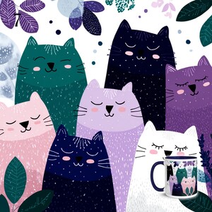 May include: A white ceramic mug featuring a repeating pattern of stylized cats in shades of teal, dark blue, light purple, pink, and white. The cats have closed eyes, pink cheeks, and whiskers. The design includes dark leaves and small dots.