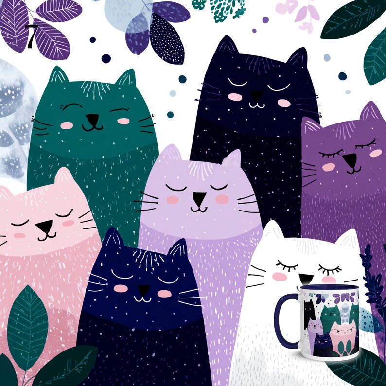 May include: A white ceramic mug featuring a repeating pattern of stylized cats in shades of teal, dark blue, light purple, pink, and white. The cats have closed eyes, pink cheeks, and whiskers. The design includes dark leaves and small dots.