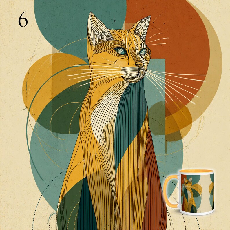 May include: A ceramic mug featuring a stylized illustration of a cat with orange, teal, and brown line-work patterns. The number 6 is printed in the upper left corner. The mug has a yellow handle and interior, displaying the same cat graphic.