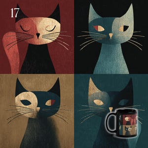 May include: A collage of four stylized cat portraits in a mid-century modern style. Each cat has a split face design with contrasting colors like red, black, gold, and blue. A black mug with the same cat design is also visible.