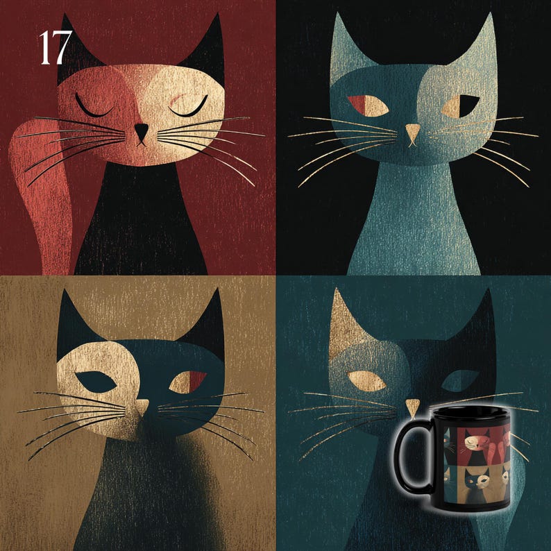 May include: A collage of four stylized cat portraits in a mid-century modern style. Each cat has a split face design with contrasting colors like red, black, gold, and blue. A black mug with the same cat design is also visible.