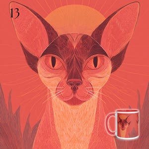 May include: A stylized illustration of a cat with large ears, in shades of red and orange, against a radiant background. The number 13 is in the upper left corner. A matching mug with the cat design is in the lower right.