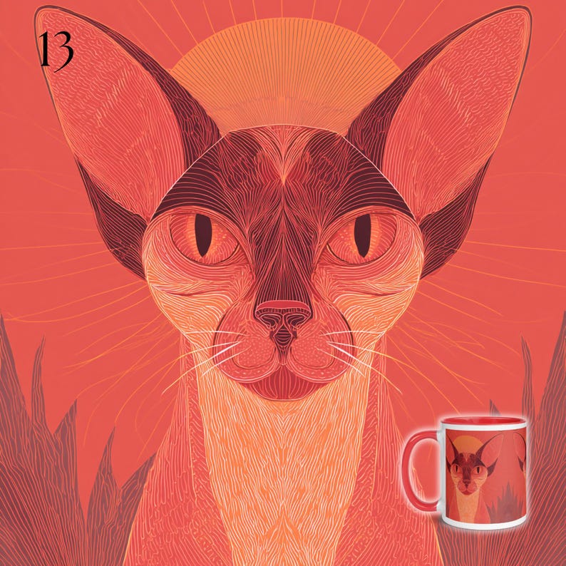May include: A stylized illustration of a cat with large ears, in shades of red and orange, against a radiant background. The number 13 is in the upper left corner. A matching mug with the cat design is in the lower right.