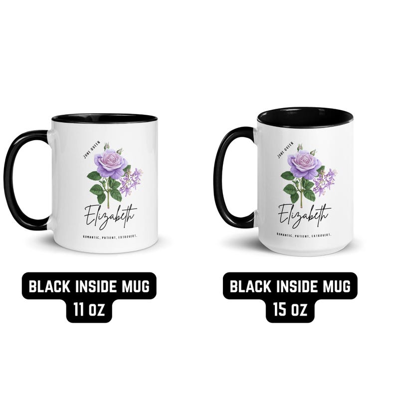 May include: Two white ceramic mugs with black interiors and handles. Each mug features a purple rose illustration with the name "Elizabeth" in script. The text "June Queen" and personality traits are also included. One mug is 312 ml, the other is 425 ml.