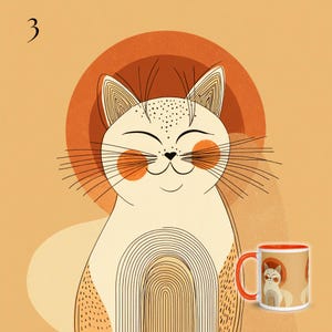 May include: A ceramic mug featuring a graphic illustration of a cat with closed eyes, a heart-shaped nose, and orange cheek spots. The cat is depicted with line-art details, including a circular orange sun behind its head and arched lines on its chest.