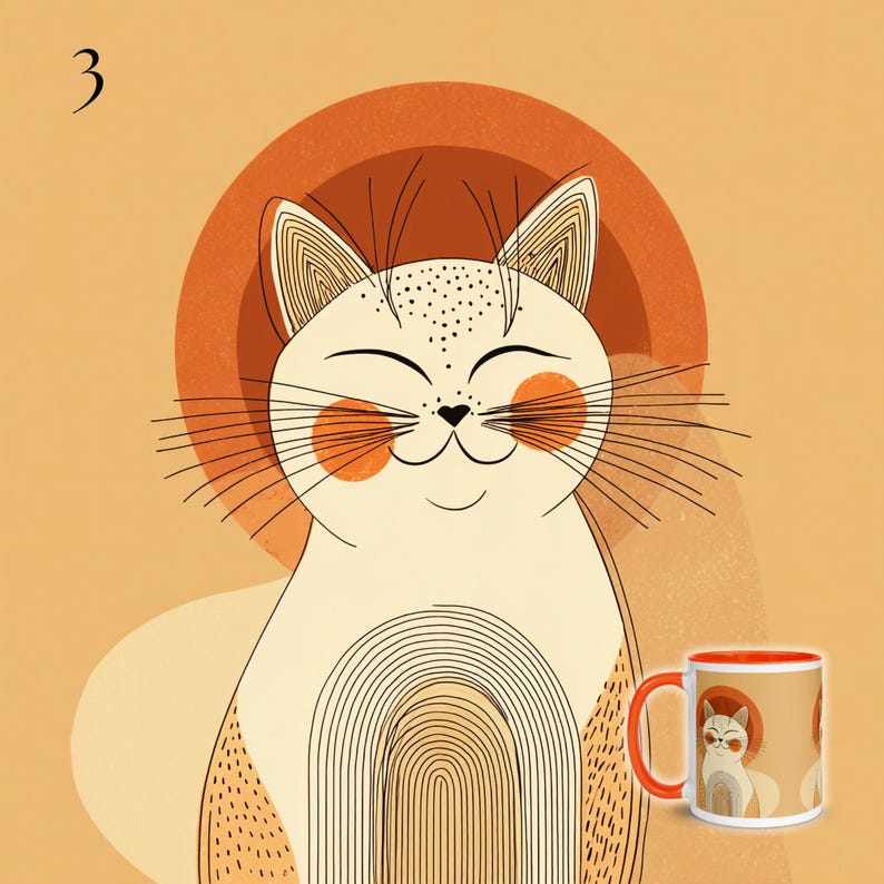 May include: A ceramic mug featuring a graphic illustration of a cat with closed eyes, a heart-shaped nose, and orange cheek spots. The cat is depicted with line-art details, including a circular orange sun behind its head and arched lines on its chest.
