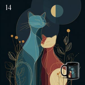 May include: A black ceramic mug featuring a graphic illustration of two cats, one blue and one red, surrounded by gold-lined botanical elements and a moon against a dark background. The number 14 is printed in the top left corner of the image.