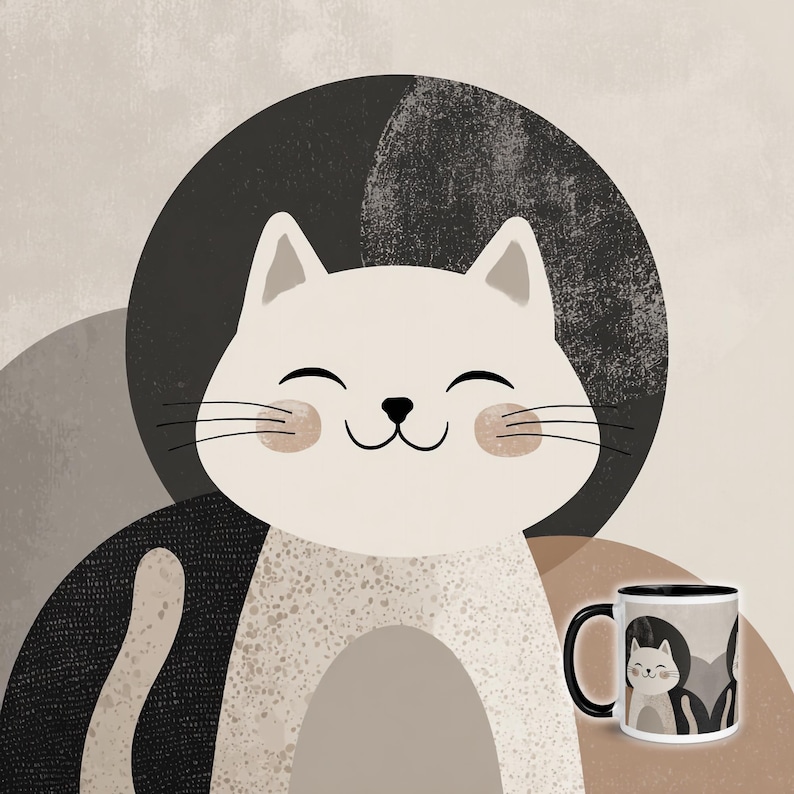 May include: Smiling white cat illustration with a black and gray background. A matching mug with the same cat design is also visible. The cat has pink cheeks and a happy expression. The mug has a black handle and interior.