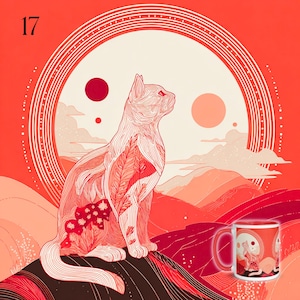 May include: A ceramic mug featuring a graphic illustration of a cat sitting in a landscape with mountains and a large circular sun. The design uses shades of red, orange, and cream. The number 17 is printed in the upper left corner of the image.