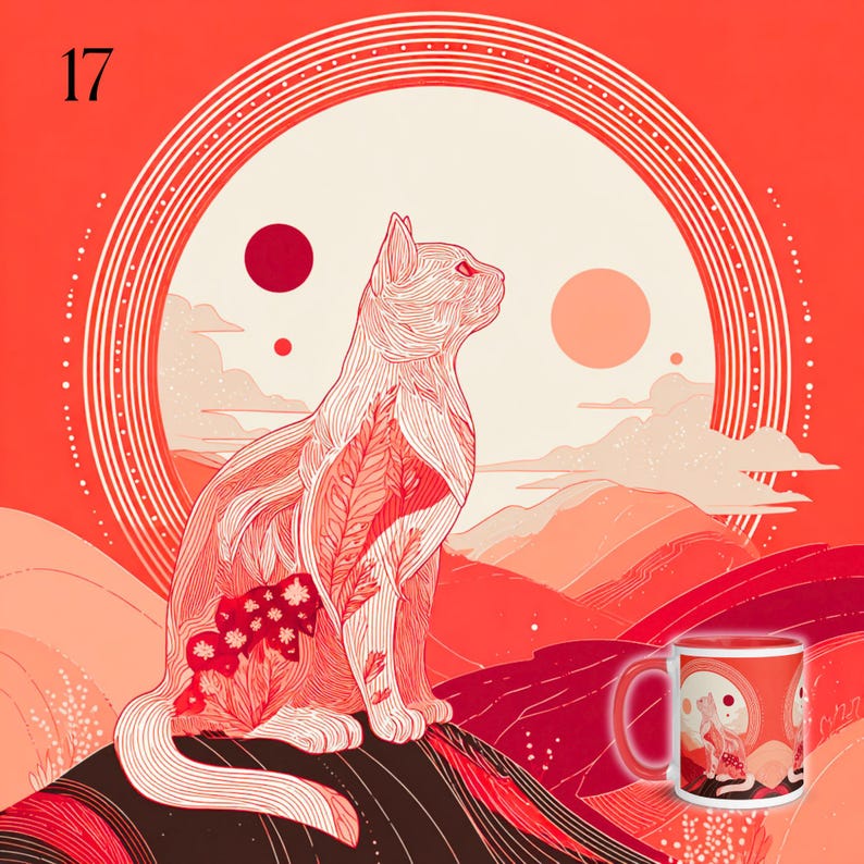 May include: A ceramic mug featuring a graphic illustration of a cat sitting in a landscape with mountains and a large circular sun. The design uses shades of red, orange, and cream. The number 17 is printed in the upper left corner of the image.