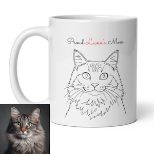 May include: White ceramic mug with a black and red cat illustration and the text "Proud Luna's Mom". The mug features a detailed line drawing of a cat's face. A photo of a cat is in the lower left corner.
