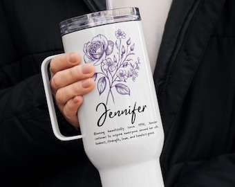 Custom Name Purple June Birth Flower Coffee Cup - Gemini Mom Dad 40oz 25oz Stanley Tumbler Pottery Ceramic Cup Latte Enamel Travel Tea Mug