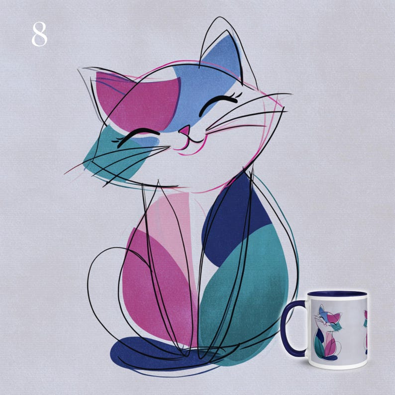 May include: A whimsical illustration of a smiling cat with blue, pink, and teal accents. The cat is depicted with a minimalist line art style. A matching mug with the same design is also visible.